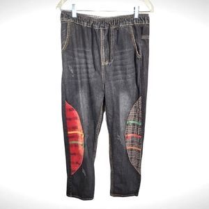 Patched distressed elastic waist short denim pants xl